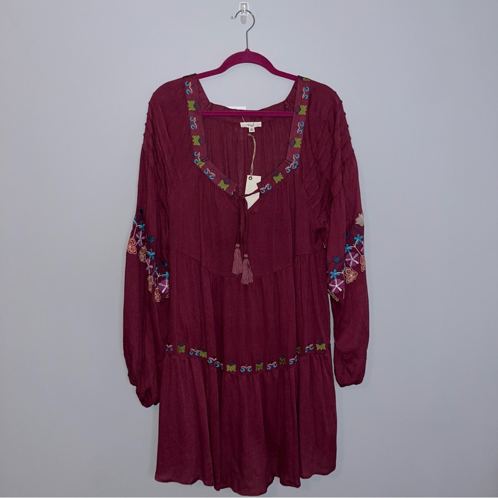 Easel Boho Burgundy Dress with Colorful Embroidery Large - Picture 4 of 8